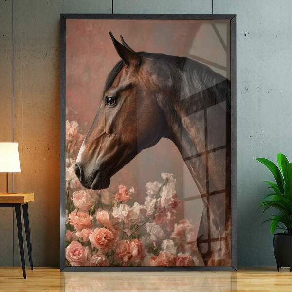 Quadro Decorativo Cavalo Marrom e Flores
