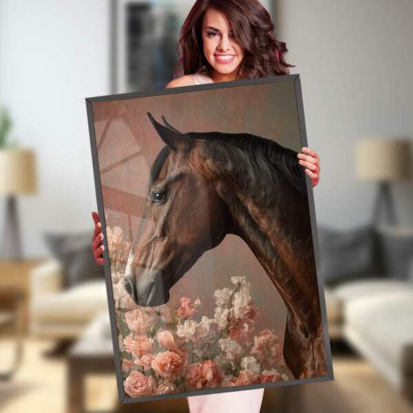 Quadro Decorativo Cavalo Marrom e Flores