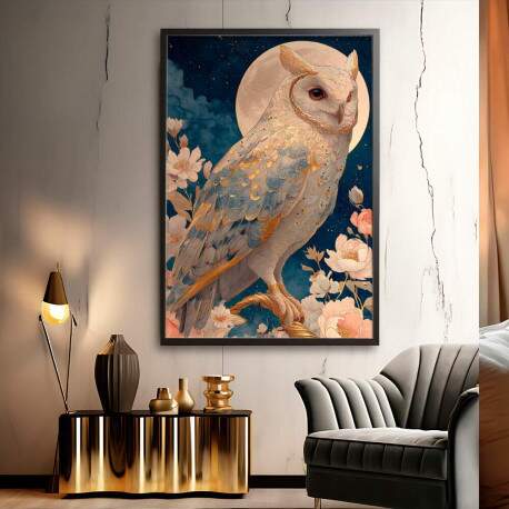 Quadro Decorativo Coruja Branca Em Pintura Celestial 