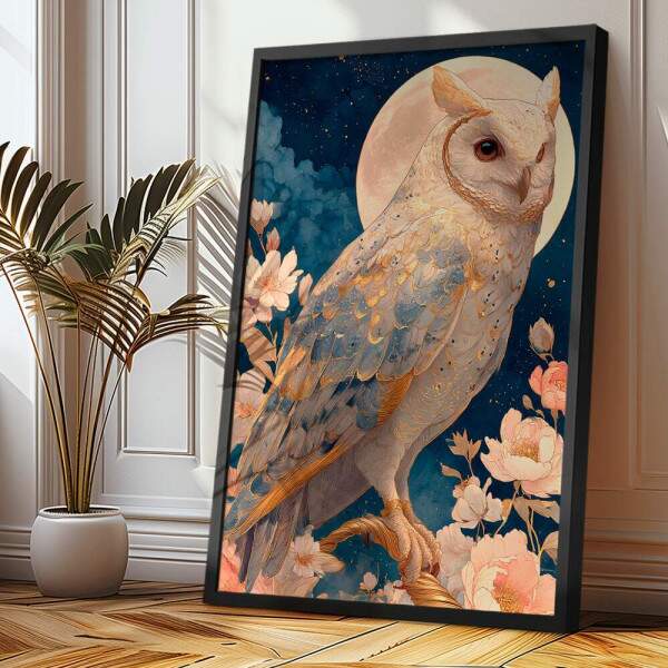 Quadro Decorativo Coruja Branca Em Pintura Celestial