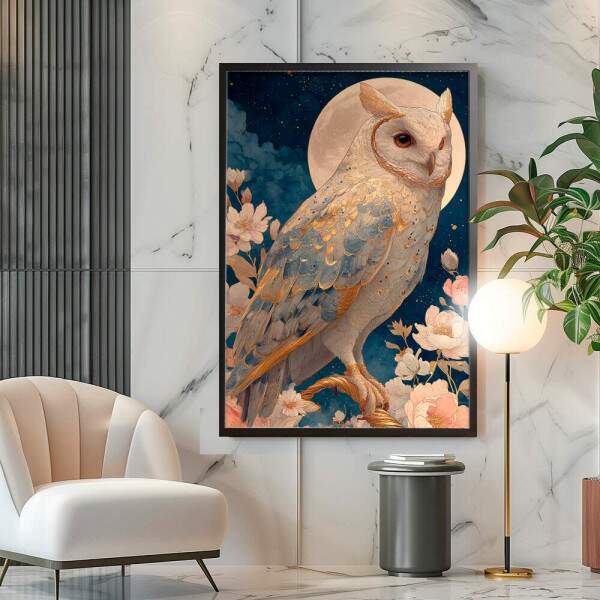 Quadro Decorativo Coruja Branca Em Pintura Celestial