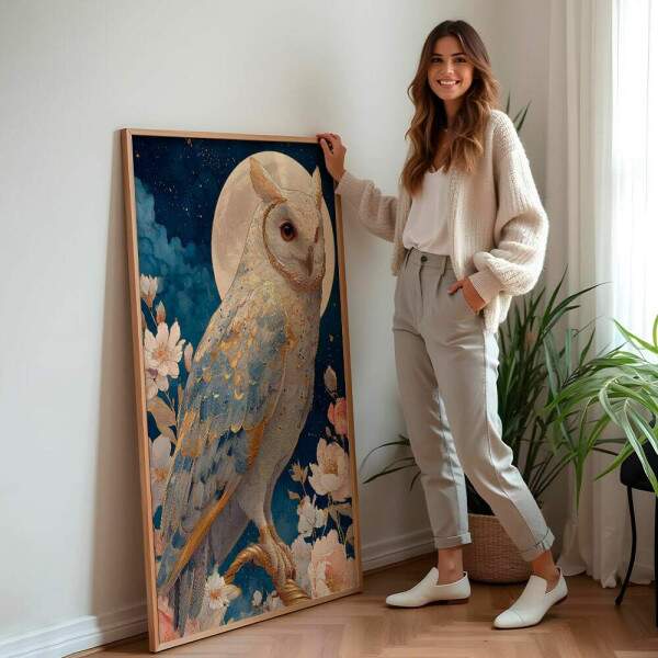 Quadro Decorativo Coruja Branca Em Pintura Celestial