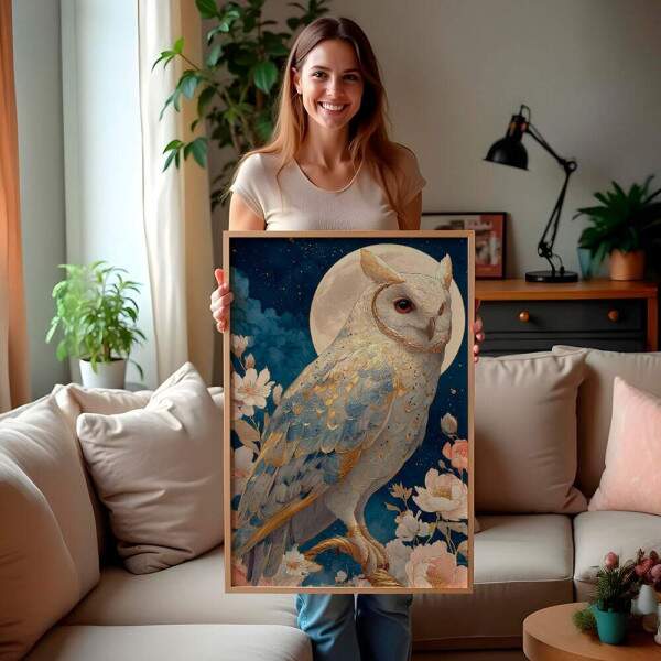 Quadro Decorativo Coruja Branca Em Pintura Celestial