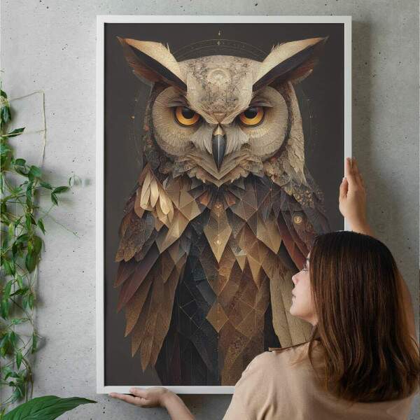 Quadro Decorativo Coruja Marrom Geomtrica