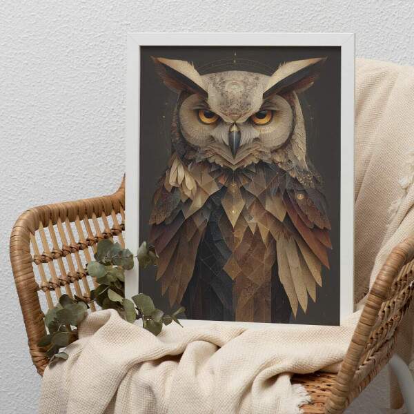 Quadro Decorativo Coruja Marrom Geomtrica