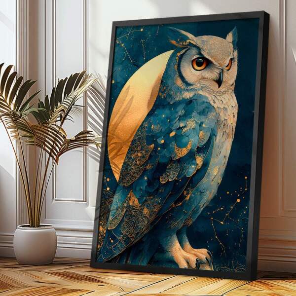 Quadro Decorativo Coruja Pintura Celestial Azul