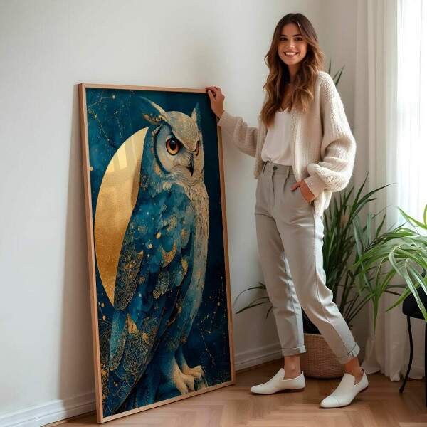 Quadro Decorativo Coruja Pintura Celestial Azul