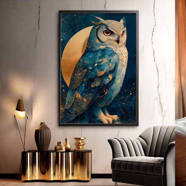 Quadro Decorativo Coruja Pintura Celestial Azul