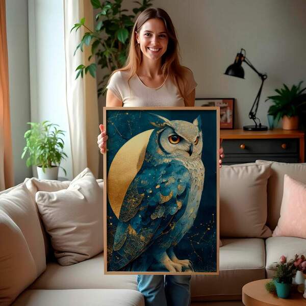 Quadro Decorativo Coruja Pintura Celestial Azul