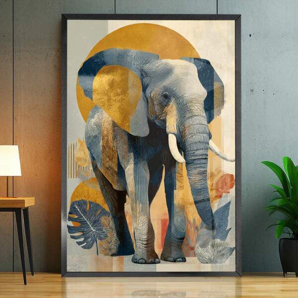 Quadro Decorativo Elefante e Folhas Abstrato