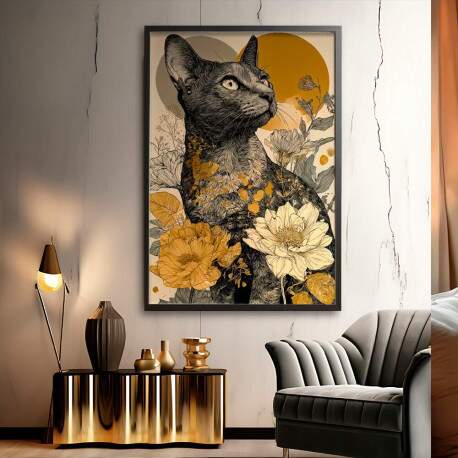 Quadro Decorativo Gato Abstrato Com Flores