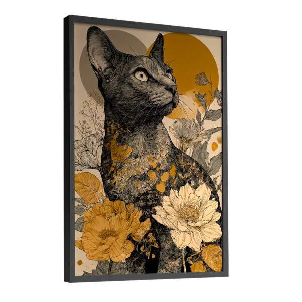 Quadro Decorativo Gato Abstrato Com Flores