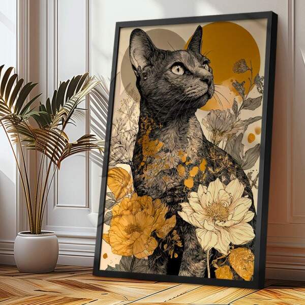 Quadro Decorativo Gato Abstrato Com Flores