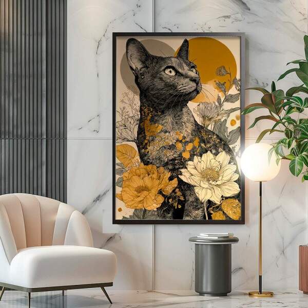 Quadro Decorativo Gato Abstrato Com Flores
