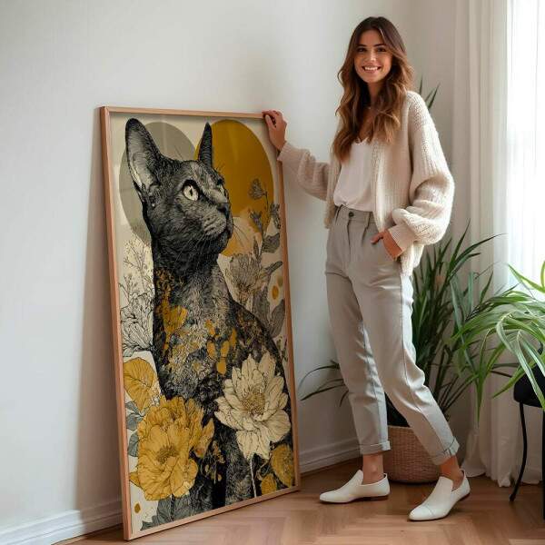 Quadro Decorativo Gato Abstrato Com Flores
