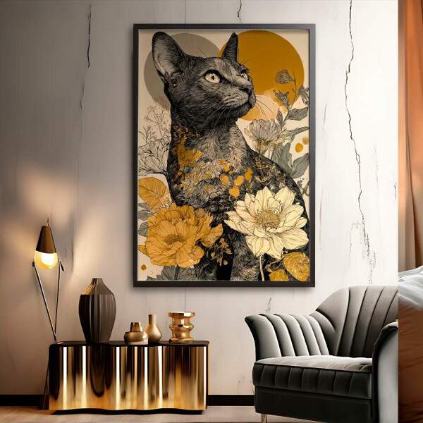 Quadro Decorativo Gato Abstrato Com Flores