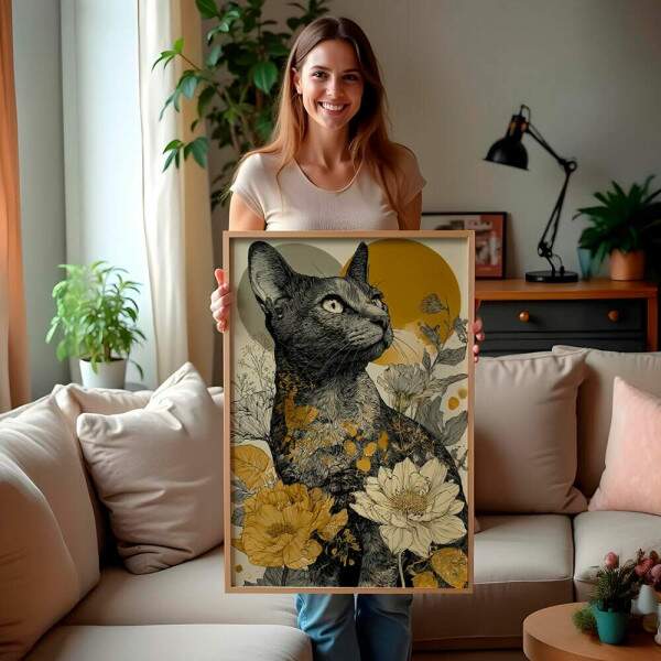 Quadro Decorativo Gato Abstrato Com Flores
