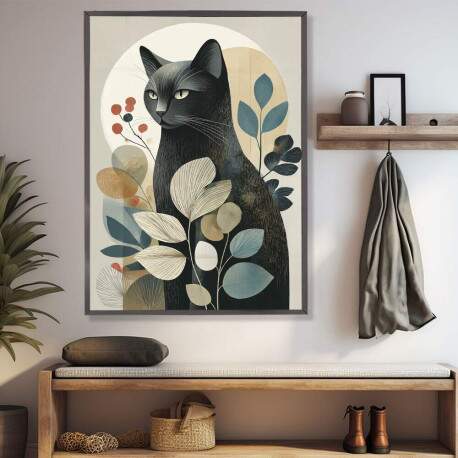 Quadro Decorativo Gato Abstrato Folhagem 