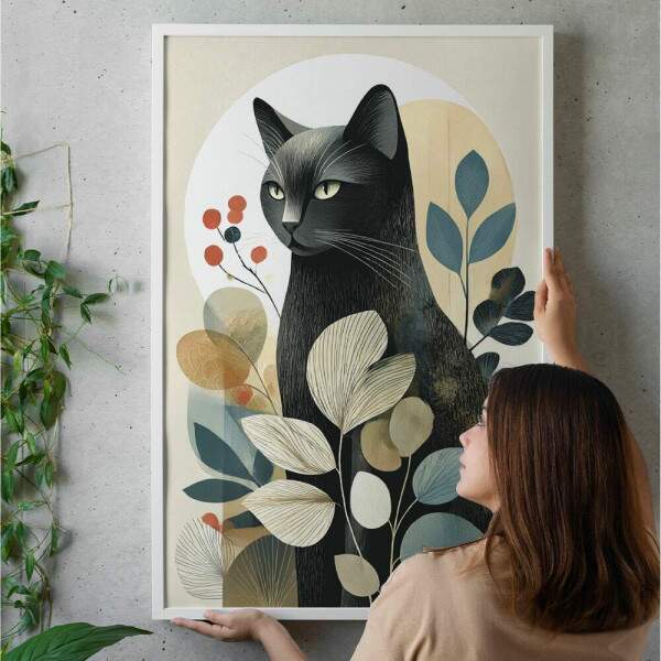 Quadro Decorativo Gato Abstrato Folhagem