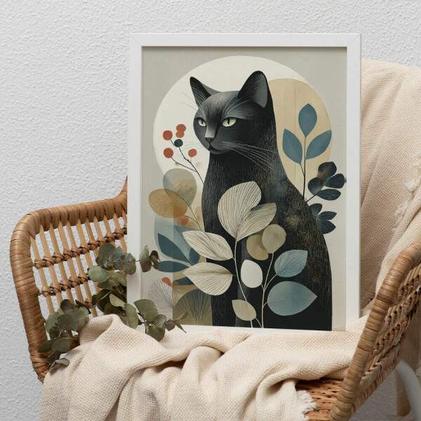 Quadro Decorativo Gato Abstrato Folhagem