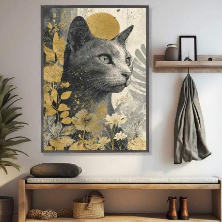 Quadro Decorativo Gato e Flores Abstrato Dourado 