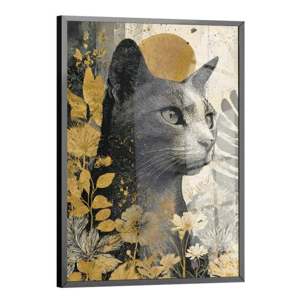Quadro Decorativo Gato e Flores Abstrato Dourado
