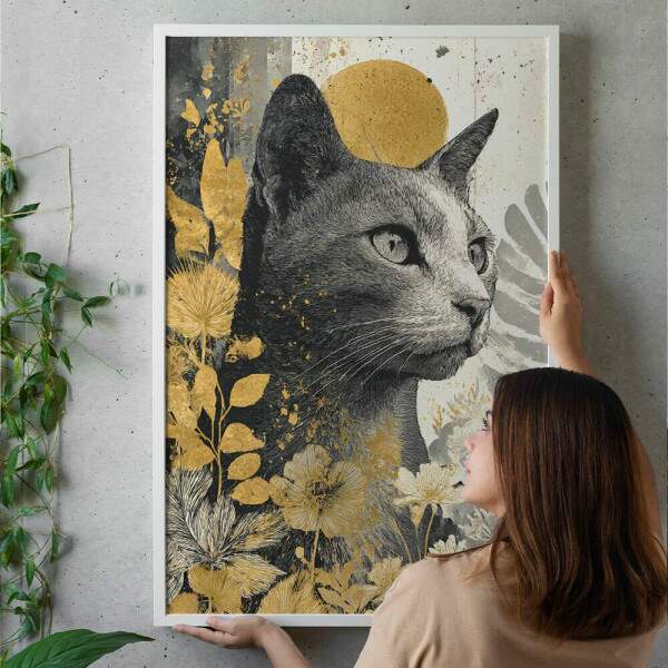 Quadro Decorativo Gato e Flores Abstrato Dourado