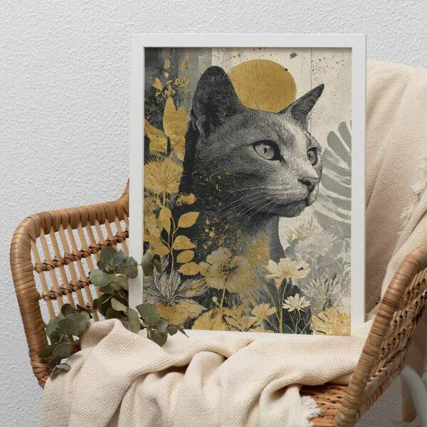 Quadro Decorativo Gato e Flores Abstrato Dourado