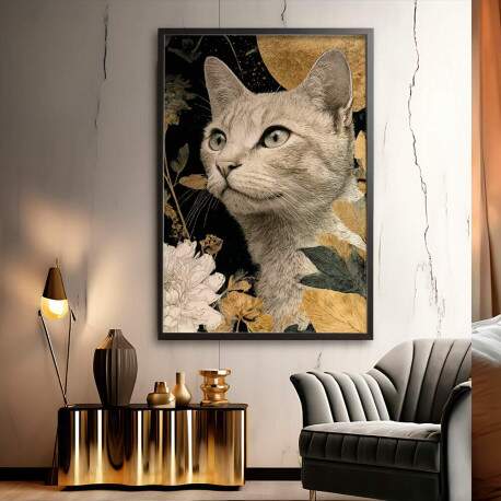 Quadro Decorativo Gato Flores Abstratas