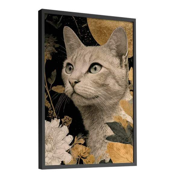 Quadro Decorativo Gato Flores Abstratas