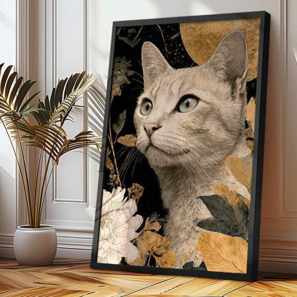 Quadro Decorativo Gato Flores Abstratas