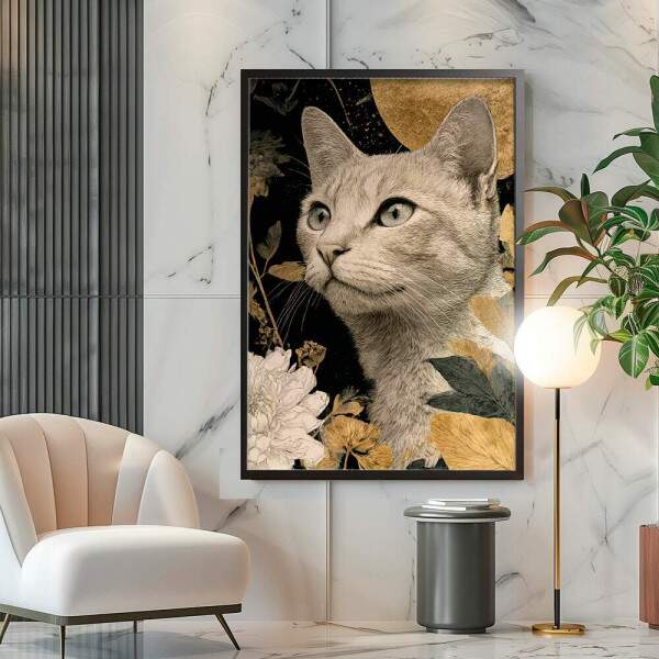 Quadro Decorativo Gato Flores Abstratas