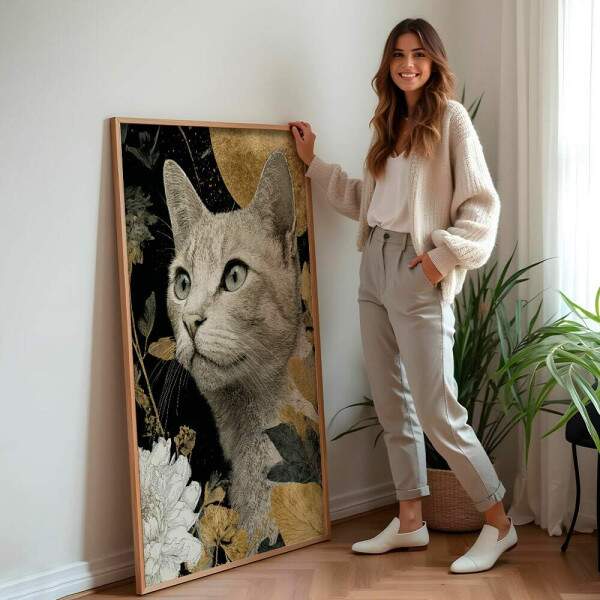 Quadro Decorativo Gato Flores Abstratas