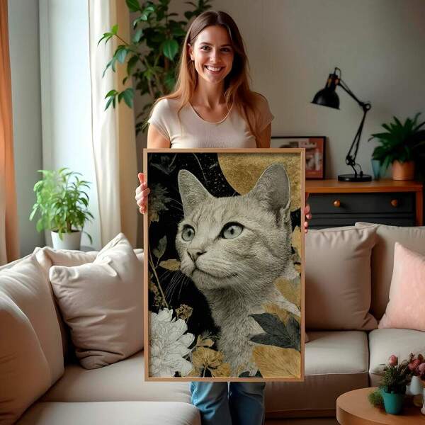 Quadro Decorativo Gato Flores Abstratas