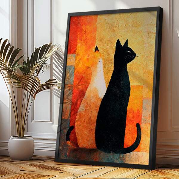 Quadro Decorativo Gatos Textura Dourada