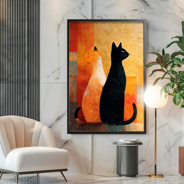 Quadro Decorativo Gatos Textura Dourada