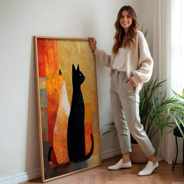Quadro Decorativo Gatos Textura Dourada