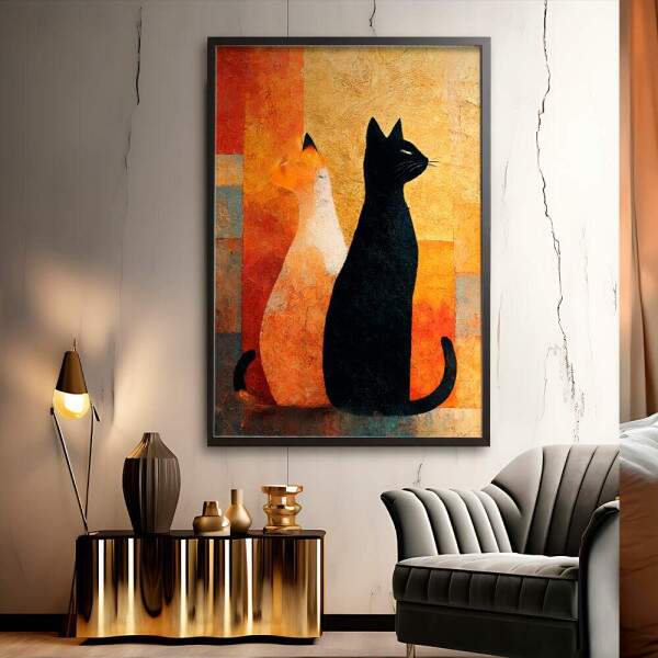Quadro Decorativo Gatos Textura Dourada