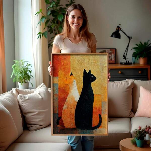 Quadro Decorativo Gatos Textura Dourada