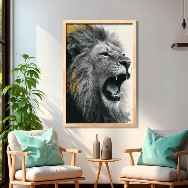Quadro Decorativo Leo Furioso Preto e Branco Com Dourado