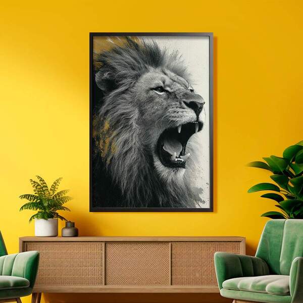 Quadro Decorativo Leo Furioso Preto e Branco Com Dourado