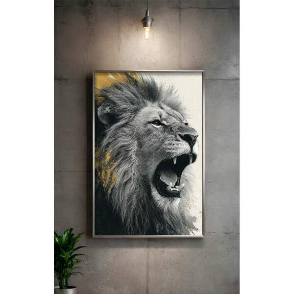 Quadro Decorativo Leo Furioso Preto e Branco Com Dourado