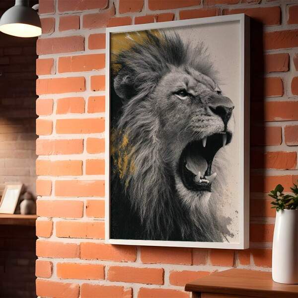 Quadro Decorativo Leo Furioso Preto e Branco Com Dourado