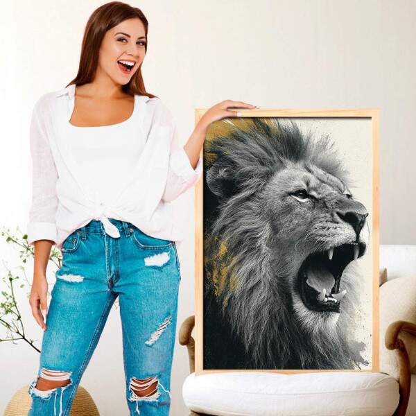 Quadro Decorativo Leo Furioso Preto e Branco Com Dourado