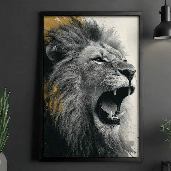 Quadro Decorativo Leo Furioso Preto e Branco Com Dourado