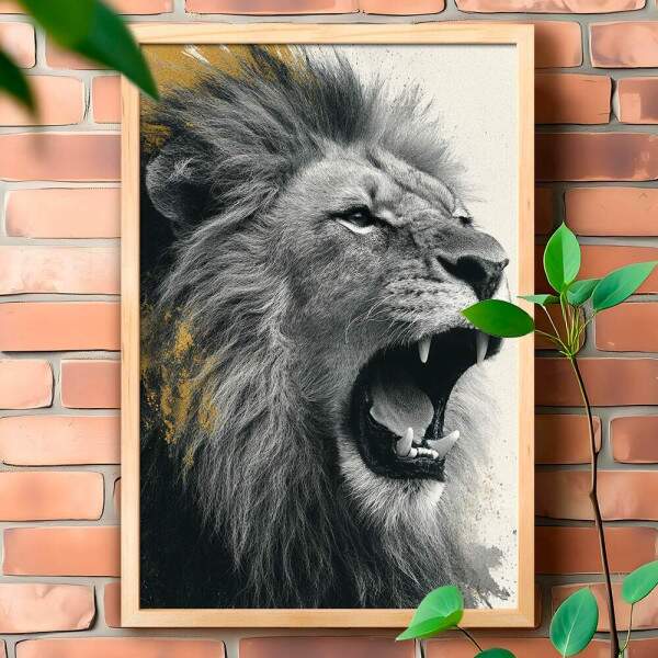 Quadro Decorativo Leo Furioso Preto e Branco Com Dourado