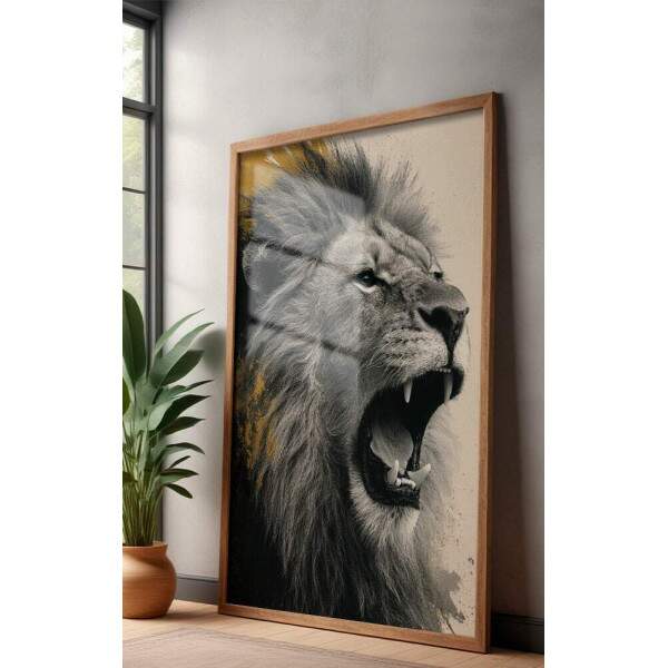 Quadro Decorativo Leo Furioso Preto e Branco Com Dourado