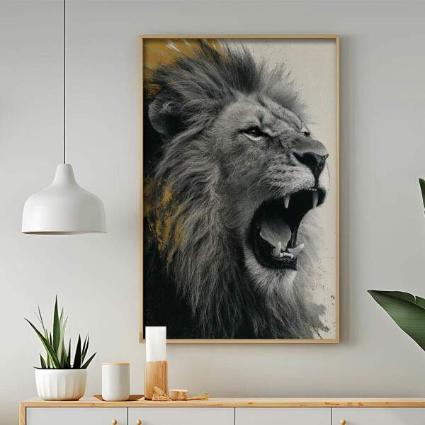 Quadro Decorativo Leo Furioso Preto e Branco Com Dourado