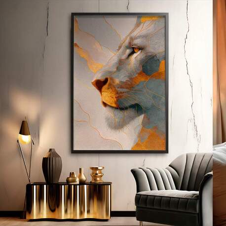 Quadro Decorativo Leo Perfil Branco e Dourado 