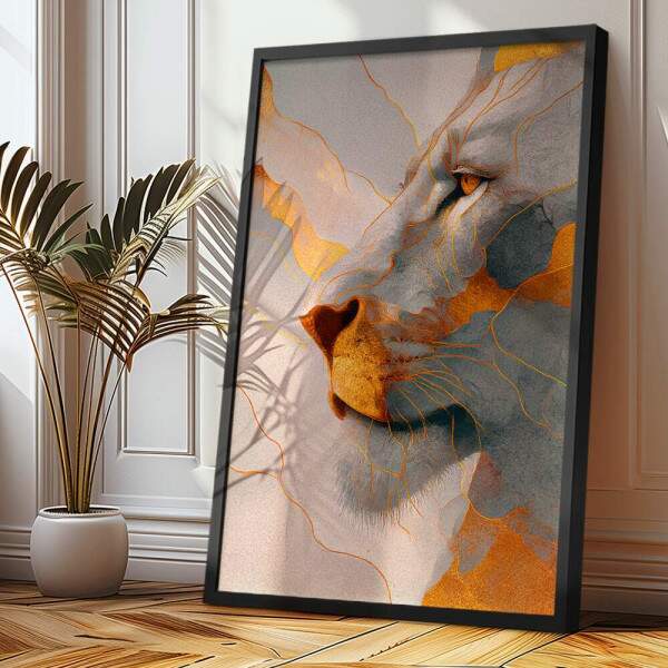 Quadro Decorativo Leo Perfil Branco e Dourado